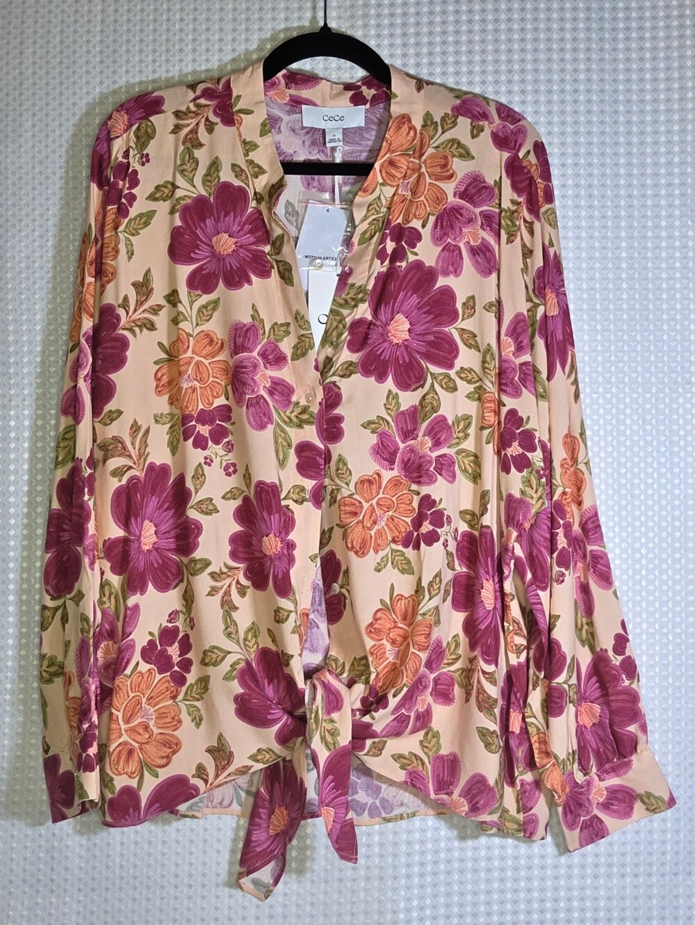 CeCe 1X Floral Tie Front Blouse Plus Size Boho 70s Romantic Long Sleeve Top - Picture 3 of 10